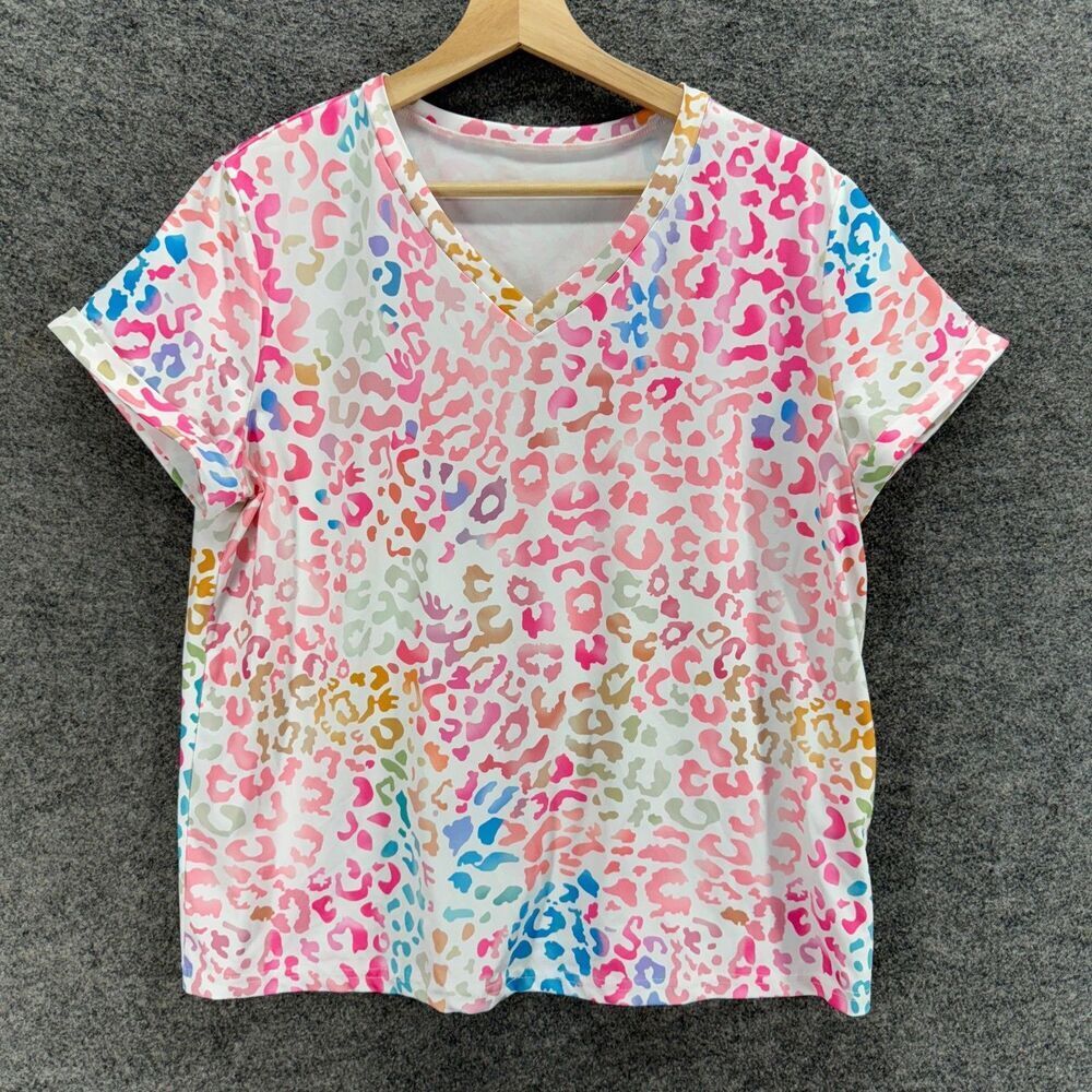 Unbranded T-Shirt Women M Medium Pink Animal Print V-Neck Short Sleeve Casual